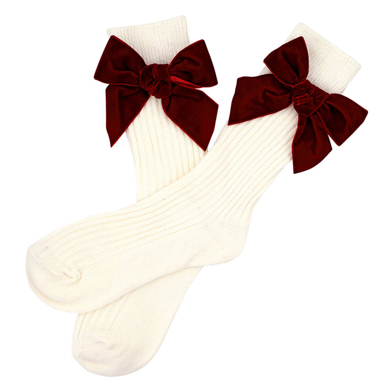 Cotton Socks in Ornament - Ivory + Burgundy Velvet Bow: Cotton / One Size Fits Most