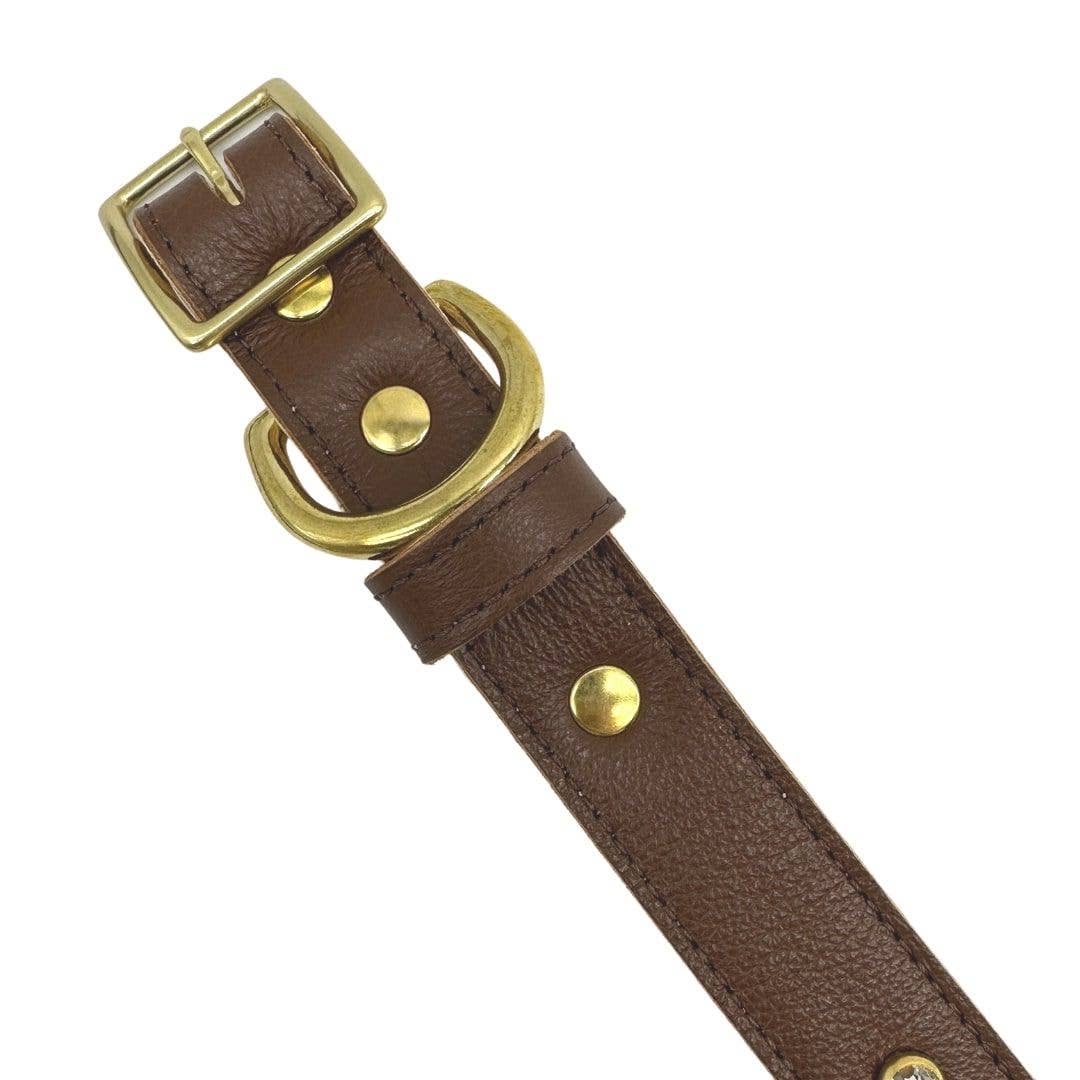 Genuine Leather Dog Collar, Unique Dog Holiday Gift: Brown / Large / No Crystal