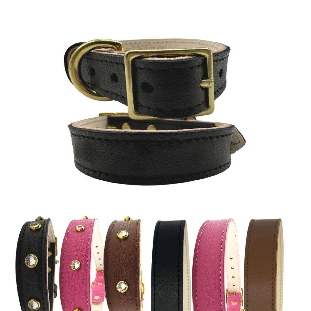 Genuine Leather Dog Collar, Unique Dog Holiday Gift: Black / Small / No Crystal