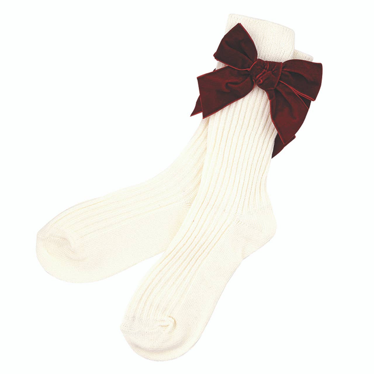 Cotton Socks in Ornament - Ivory + Burgundy Velvet Bow: Cotton / One Size Fits Most