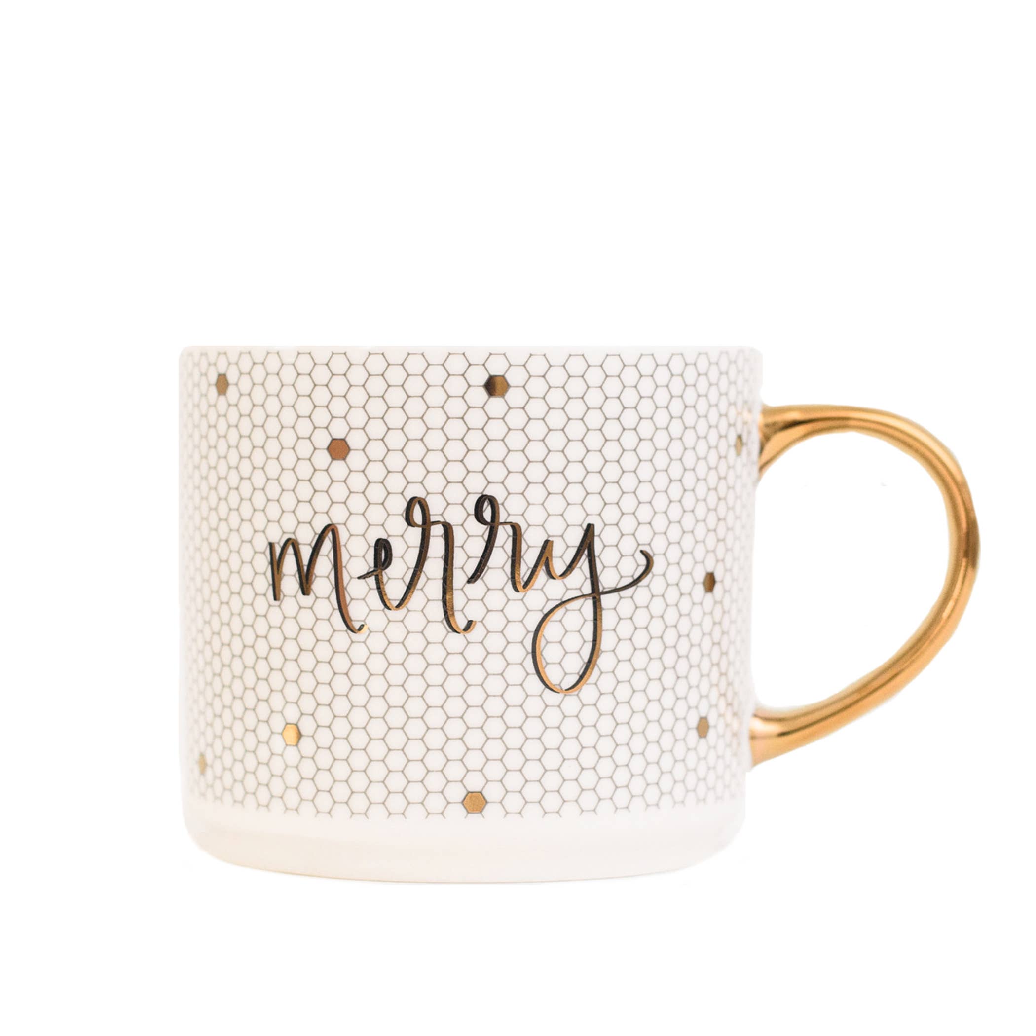 Merry - Gold, White Tile Hand Lettered Coffee Mug - 17 oz